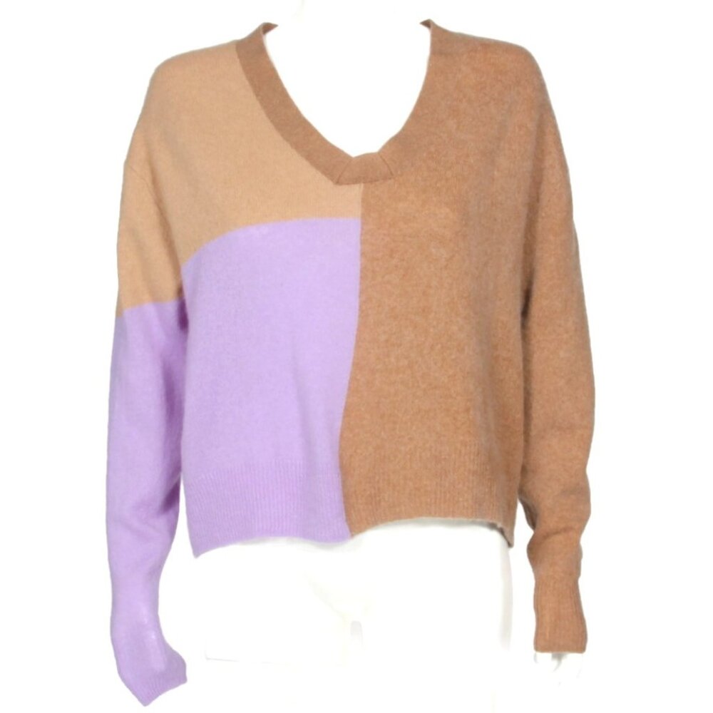 CRUSH 100% Cashmere Color Block Purple Tan Brown Sweater V-Neck Dolmasn sz 2 272